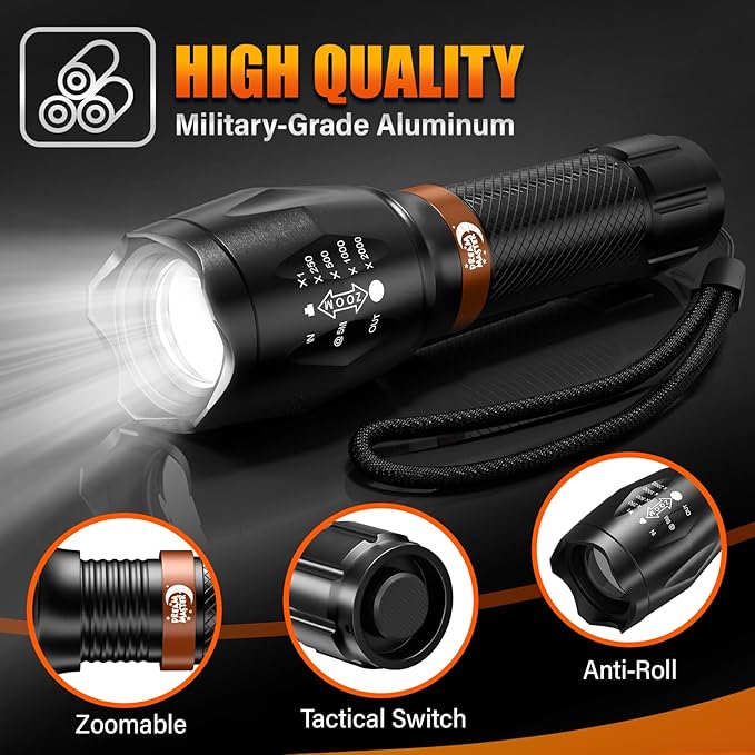 2 Pack LED Flashlights High Lumens with 6 AAA Batteries, 5 Modes Mini Waterproof Tactical Flashlight for Camping Hiking, Bright Flashlight with Zoomable, Fathers Day Dad Gifts for Him, Black & Coppery
