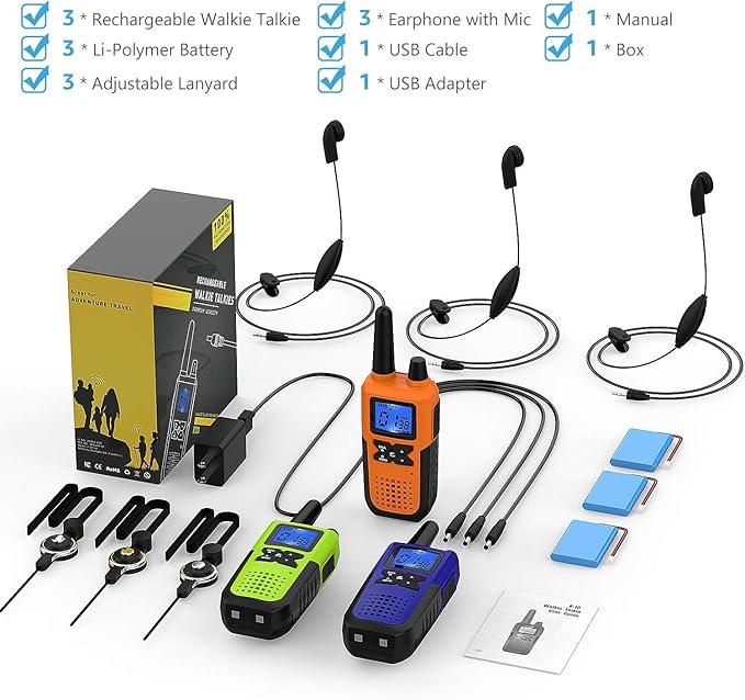 3 Long Range Walkie Talkies Rechargeable for Adults - NOAA 2 Way Radios Walkie Talkies 3 Pack - Long Distance Walkie-Talkies with Earpiece and Mic Set Headset USB Charger Battery Weather Alert