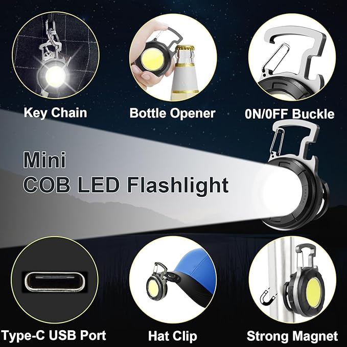 SEFONE 2 Pack Cob Keychain Work Light, 1000 Lumens Keychain Light with 4 Modes, Mini Keychain Flashlights Led Emergency Light, Pocket Light with Magnet Bracket Folding for Biking Fishing Running
