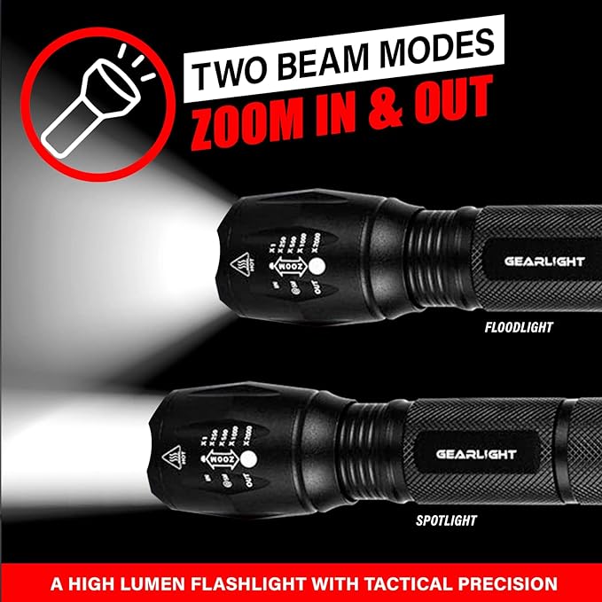 GearLight LED Flashlight Bright, Zoomable Tactical Flashlights with High Lumens and 5 Modes for Emergency and Outdoor Use -Camping Accessories -S1000