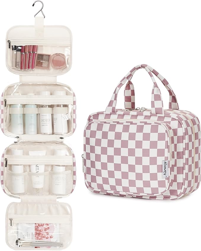 Narwey Hanging Toiletry Bag for Women Travel Makeup Bag Organizer Toiletries Bag for Travel Size Essentials Accessories Cosmetics (Dusty Rose Checkerboard (Medium))