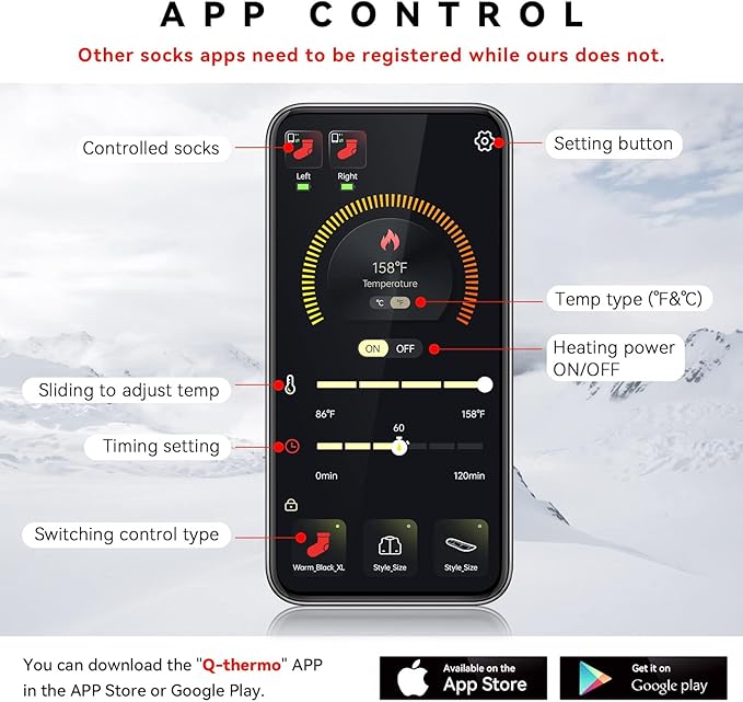 Heated Socks for Men Women Rechargeable Washable APP Remote Control 7.4V Battery Electric Heating Socks for Hunting Ice Fishing Camping Hiking Skiing Outdoor Work