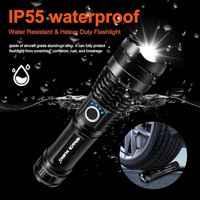 Rechargeable Flashlights, High Lumen Super Bright 150000 Lumens, LED Flashlight with 5 Modes, IP55 Waterproof, Powerful Handheld Flashlight for Camping, Hiking, Emergency