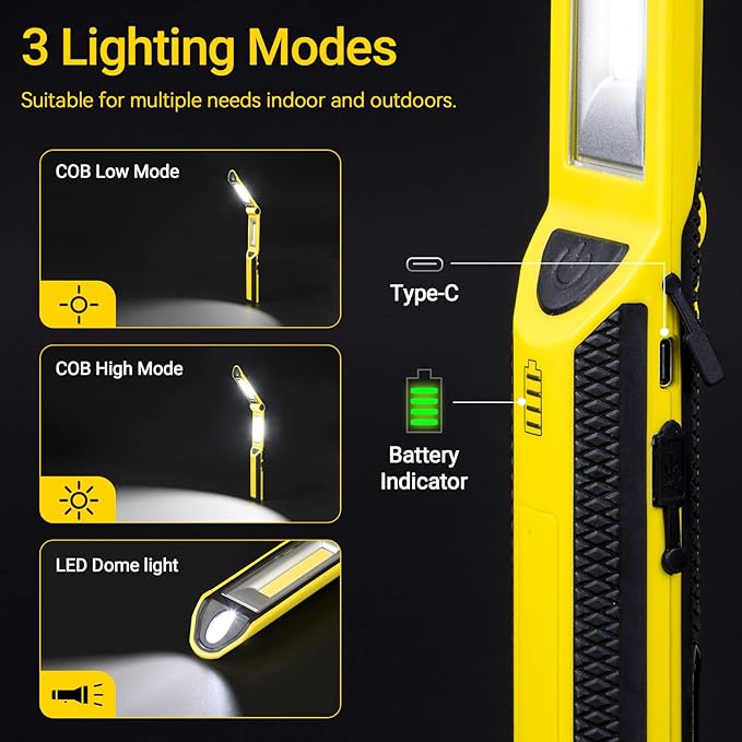 Work Light, Ropelux Rechargeable LED Work Light 1500 Lumens, Portable Flashlight 180° Rotate 3 Modes, with 3 Magnetic Base and Hook Mechanic Light, for Car Repairing/Under Hood/Emergency (Yellow)