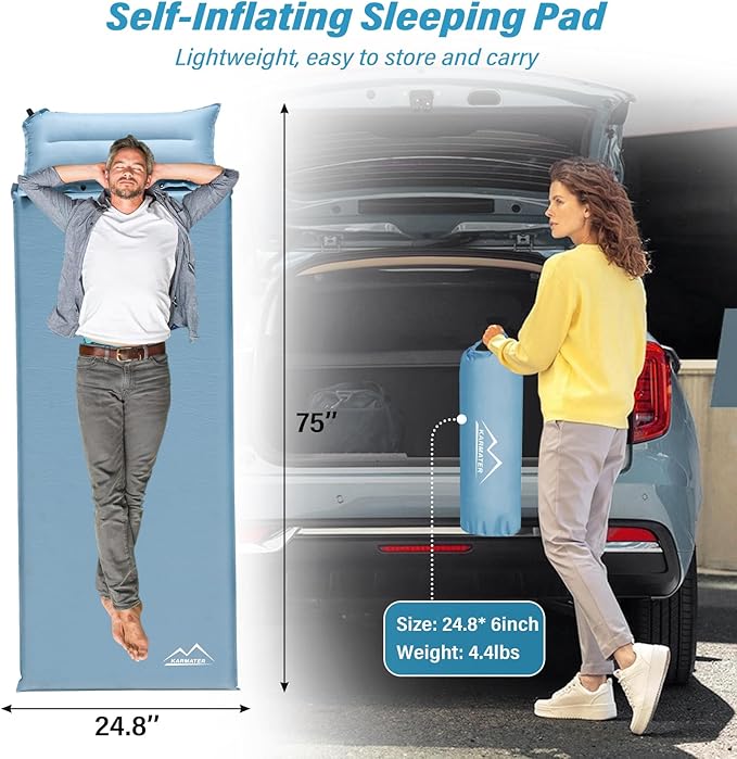 Self Inflating Sleeping Pad for Camping - Thick Camping Pad with Pillow & Inflatable Bag, 9.5 R-Value Insulated Camping Mattress Pad for Car Camping Backpacking Hiking Camping Mat