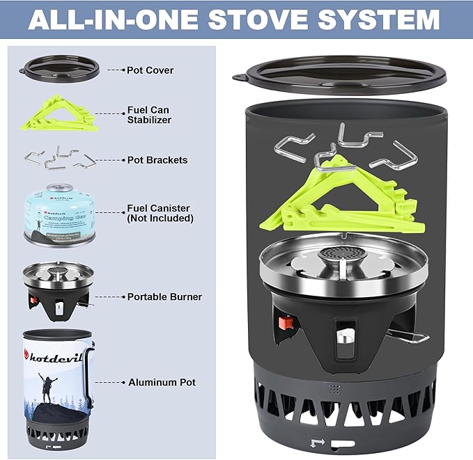 1.4L Backpacking Camping Stove Cooking System with Piezo Ignition, Outdoor Portable Burner with Pot & Brackets Camp Stove Camping Stove Kit Propane, Ideal for Hiking Fishing Hunting Emergency
