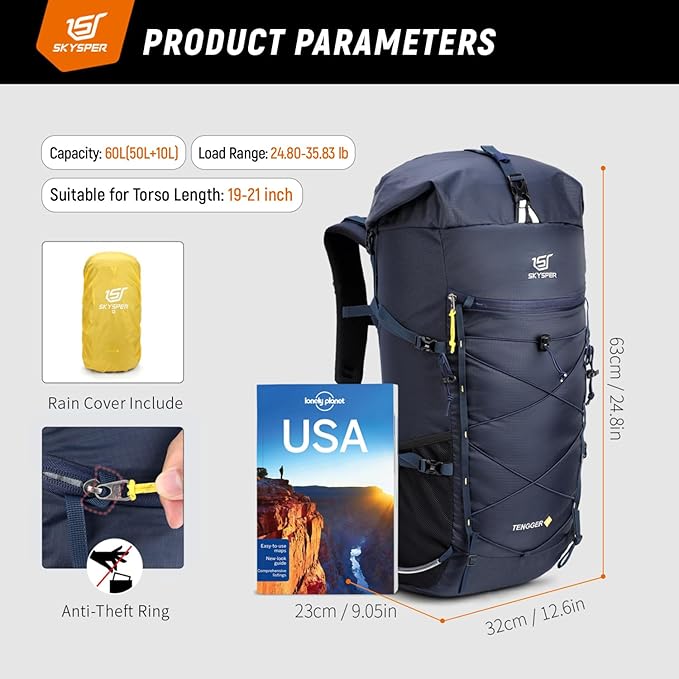 SKYSPER Hiking Backpack - 50L Roll Top Backpacking Backpack Lightweight Comfortable Breathable Camping Travel Pack for Men Women(Blue)