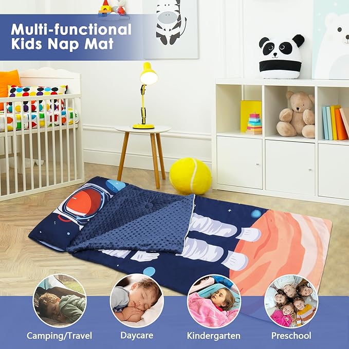 Kids Sleeping Bag Toddler Nap Mat with Removable Pillow, Large Foldable Sleeping Bag for Girls Boys, Easy Clean Slumber Bag with Double Zip for Camping School Preschool Daycare, 59×24 inch