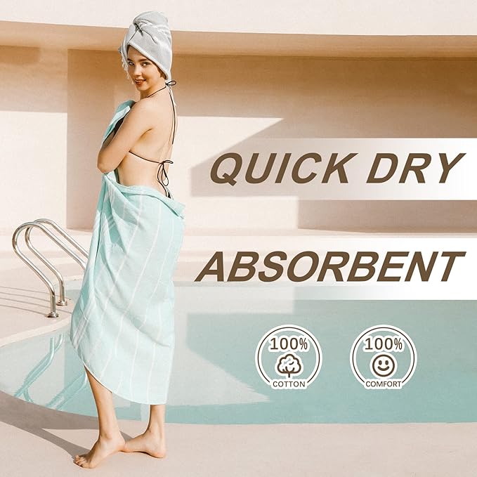 Genovega Cotton Turkish Beach Towel Soft Absorbent Oversized Quick Dry Extra Large Sand Free Adult Bath Bathroom Towel Lightweight Fast Drying Thin Sandless Compact No Sand Packable Foldable Stuff
