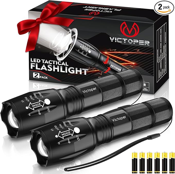 Victoper LED Flashlight 2 Pack, Bright 2000 Lumens Tactical Flashlights High Lumens with 5 Modes, Waterproof Zoomable Flash Light for Outdoor, Gifts for Student Dorm Camping Essentials Camper Gear
