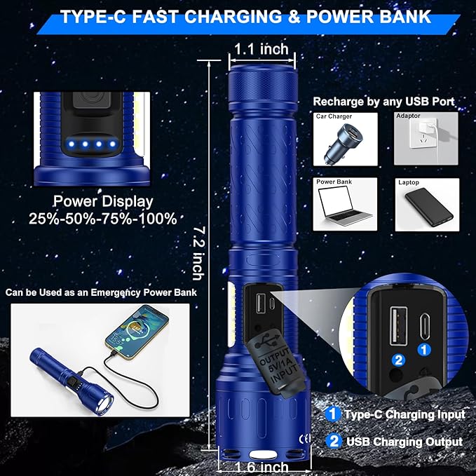 Rechargeable Magnetic Flashlights 100,000 High Lumens, Super Bright LED Powerful Flashlight 8 Modes with COB Work Light, Waterproof Handheld Flash Light for Camping (2 Pack with Paper Box, Blue)