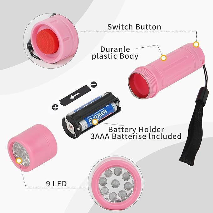 9-LED Mini Flashlight Bulk 50 Pack, Small Multicolor Kids Flashlights with Lanyard, Batteries Included, for Hurricane Supplies Party Favors, Kids Gift