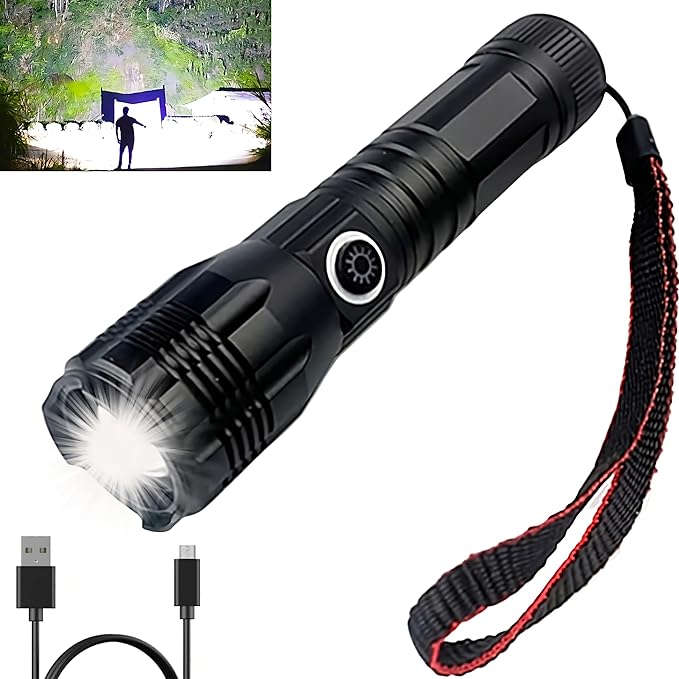 Ultra-Bright 10000 Lumen Rechargeable LED Flashlight - Zoomable, Water-Resistant, and Adjustable Brightness - Versatile Emergency Torch with 4 Modes for Outdoor Activities - Ideal for Camping, Hiking
