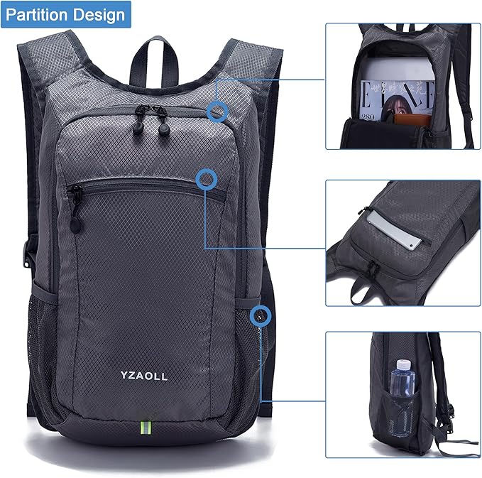 YZAOLL Small Hiking Backpack 15L Lightweight Packable Outdoor Hiking Daypacks for Women Men Travel Camping,DarkGray