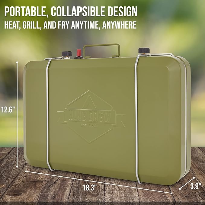 Hike Crew Gas Camping Stove | 20,000 BTU Portable Propane 2 Burner Stovetop | Integrated Igniter & Stainless Steel Drip Tray | Built-in Carrying Handle, Foldable Legs, Wind Panels | Includes Regulator