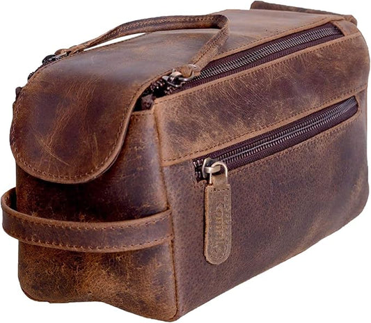 KomalC Premium Buffalo Leather Unisex Toiletry Bag Travel Dopp Kit