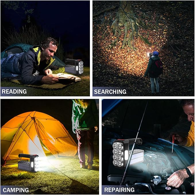 Solar Flashlight Rechargeable 8 LED Handheld with COB Sidelight, High Lumens 3 Modes Searchlight, Portable Lightweight Waterproof Spotlight for Fishing Outdoor Camping Emergencies
