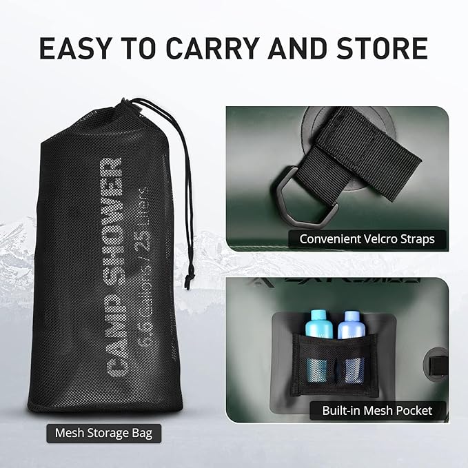 Extremus Rainbow Falls Camping Shower, 6.6 Gallons/25L Camp Shower Bag, Solar Heating PVC Bladder, Built in Thermometer, Mesh Pocket, ABS Nozzle System, Portable Solar Shower for Camping
