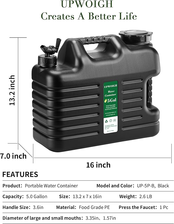 5 Gallon Water Jug(16x13.2x7in)and 2.6Gal Collapsible Water Bag Set of 2,BPA Free Water Tank Overlanding Gear Containers, Camping Essential Leak-Proof Black Portable Water Storage, Outdoors Hiking RV