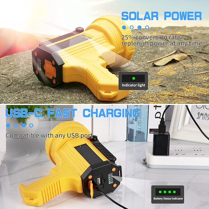 YIERBLUE Solar & Rechargeable Spotlight Flashlight, 1000,000 High Lumen Outdoor Handheld Spot Lights with Flood Light Searchlight, Foldable Stand and 3 Colors Lenses for Boating Hunting and Camping