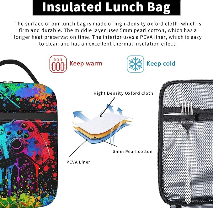 Video Game Controller Insulated Lunch Bag, Colorful Abstract Artist Painting Lunch Box for Boys Girls Kids, Portable Reusable Zipper Lunch Box for Men Women School Work Travel