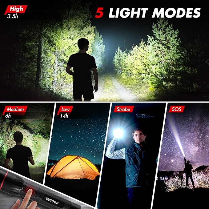 SUBOOS X50 Pro LED Rechargeable Flashlight, Super Bright 15000 Lux, Long Lasting, USB-C, Compact, Heavy Duty, Tactical 5 Modes, 250M Range, Small Wateproof Flash Light for Fishing, Camping