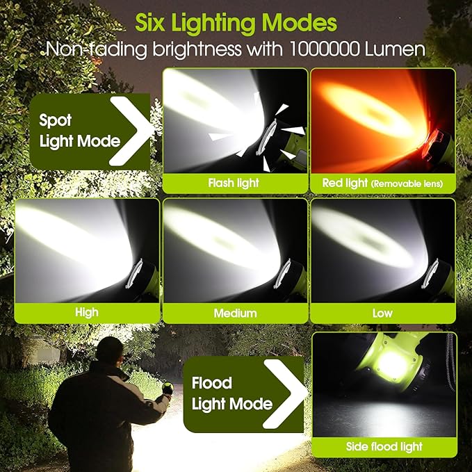 Rechargeable Spotlight Flashlight with 1000,000 High Lumen LED, Waterproof Handheld Bright Outdoor Spot Light Searchlight for Boating, Camping