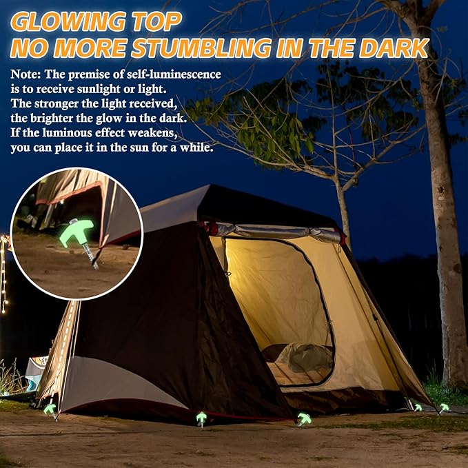 20 Pcs 8" Heavy Duty Screw-in Tent Stakes with Storage Bag, Glow-in-The-Dark Ground Anchor Peg, Metal Threaded Drillable Tent Stake for Camping Swing Canopies, with 1 Hex Nut Driver, Peg Puller