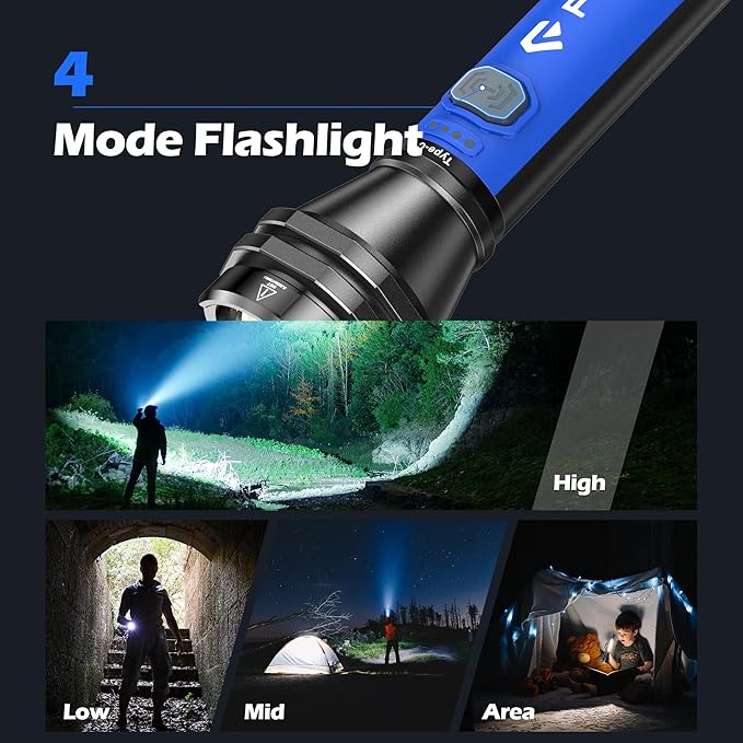 FORTO Flashlight 100000 High Lumens,Super Bright LED Rechargeable Flashlight,Zoomable,Waterproof,4 Modes Flash Light with Side Lights,Handheld Flashlights for Camping,Hiking,Emergency,Home,Blue