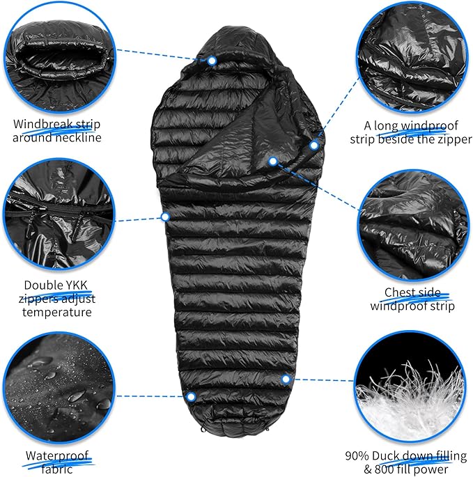 NewDoar Urltra-Light Camping Sleeping Bag 800FP White Goose Sown Spring Summer Outdoor Autumn Mummy Sleeping Bag for Hiking Tent