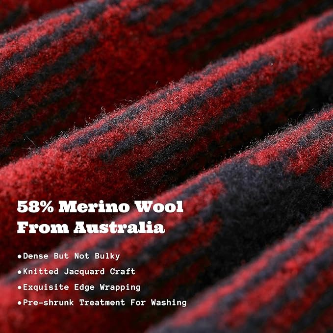 ACUSHLA Merino Wool Blanket - Soft Warm Thick Washable Large Throw Blanket for Camping Bed Couch Outdoor Travel All Weather, Scottish Plaid Red 79X63