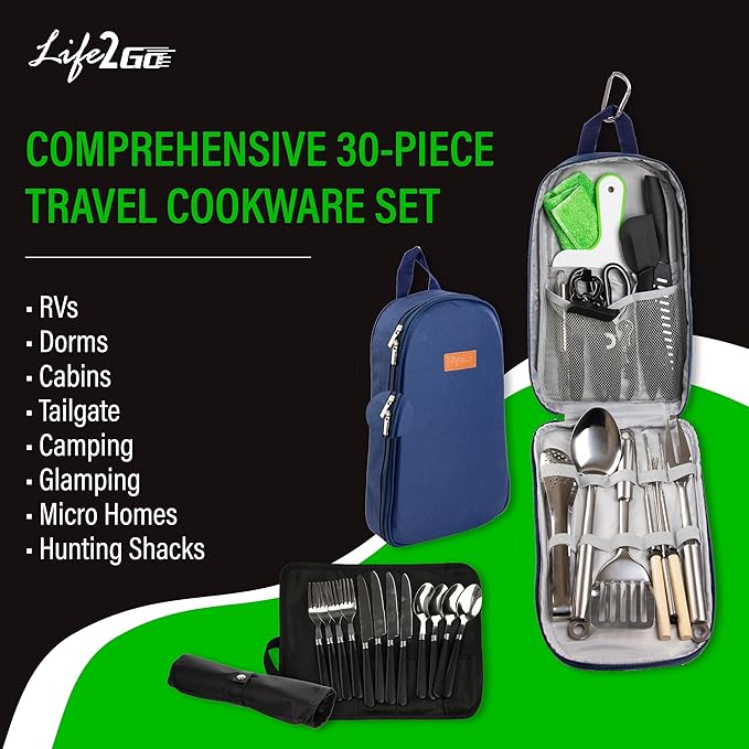 Camp Cooking Utensil Set & Outdoor Kitchen Gear Cookware Kit, Portable Compact Carry Case for Camping, Hiking, Travel, BBQ Grilling Stainless Steel Accessories Spoon & Fork