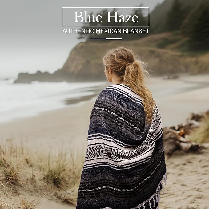 Authentic Large Handwoven Mexican Blanket - Soft Yoga Blanket - Durable Serape Blanket - Lightweight Falsa Blanket, Beach Blanket, Camping Blanket, Picnic Blanket, Outdoor Blanket 70"x50" - Blue Haze