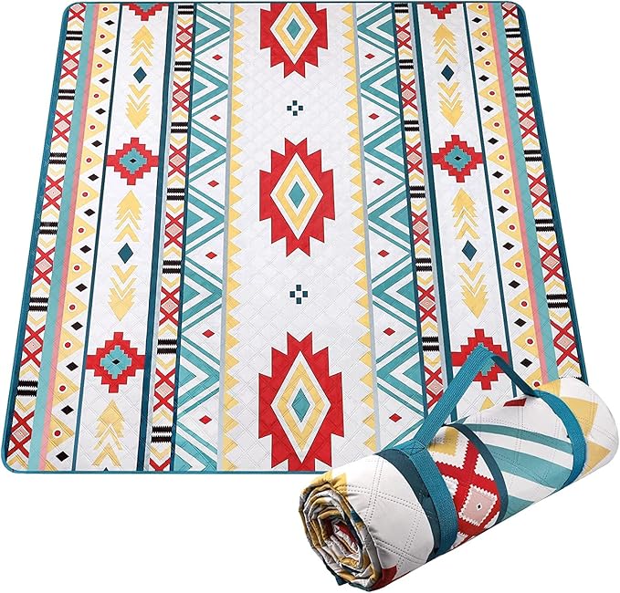 EXELNT Extra Large Outdoor Picnic Blankets Waterproof, for The Beach, Camping Travelling on The Grass, Park Blanket, Rolling Up Packaging,Portable Carring, 79" x 79" Picnic Mat - Aksu Style (green)