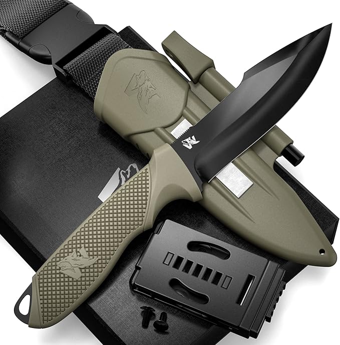WOLF-III Full Tang Survival Knife with Fire Starter and Sheath - Stylish Tactical Fixed Blade Knife - Made of D2 Steel - Bushcraft and Camping Knife - With Belt Loop, Plug Lock & Multi Lok