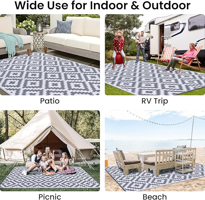 Smiry Waterproof Outdoor Rug 9x12 ft, Reversible Plastic Straw Patio Camping Rugs, Outdoor Indoor RV Mat Carpet for Patio, Outside Entry, Backyard, Deck, Bench, Picnic, Camper, White & Grey