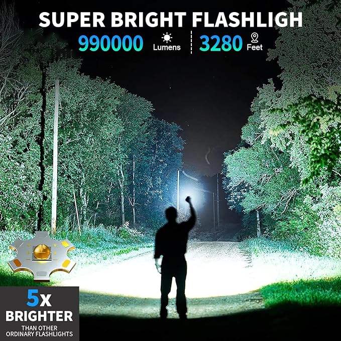 LED Rechargeable Flashlights 990000 High Lumens, Super Bright Flashlight High Power Flash Light with 7 Modes, 15H Running Time, IPX7 Waterproof Handheld Flashlight for Home Camping