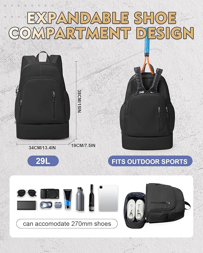 Gym Backpack for Women Men, Lightweight Gym Bag with Shoe Compartment, Waterproof Sports Backpack with Wet Pocket, Black