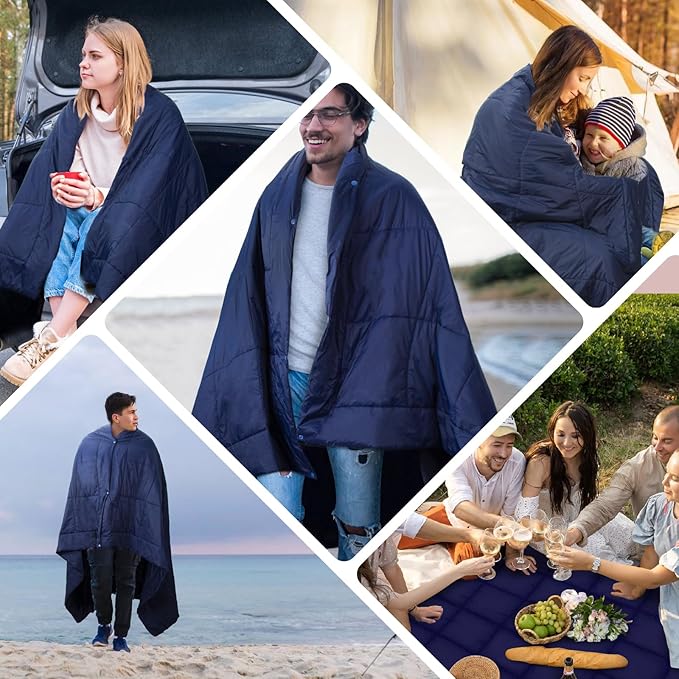 Camping Blanket, Outdoor Windproof Down Camping Blanket, Thicker Water Resistant Lightweight Camping Blanket, Portable, Wearable, Warm for Camping, Traveling, Hiking, Extra Large (79 "x 55"), Navy