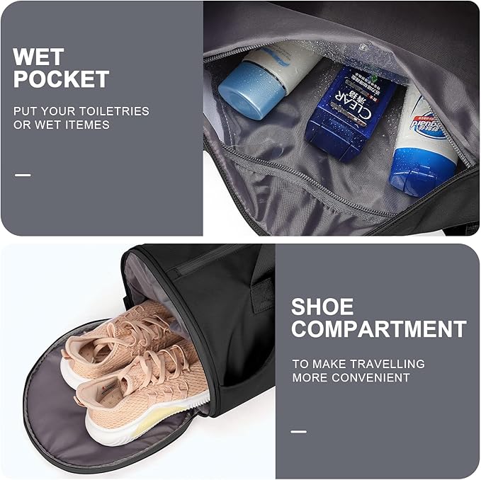 Gym Bag for Women & Men with Wet & Shoe Compartment - Small Duffle Bag for Travel, Sport, Gym, Workout & Overnight Use - Black