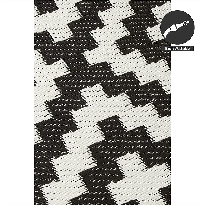 FH Home Outdoor Camping Rug - Waterproof, Fade Resistant, Reversible - Premium Recycled Plastic - Geometric - Large Patio, Deck, Sunroom, RV - Aztec - Black & White - 9 x 18 ft Foldable