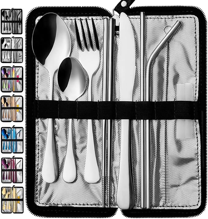 VANDBAO Portable Travel Utensils, Reusable Silverware with Case for Fixing Tableware, 9 Pieces Stainless Steel Stable Flatware Set, Camping Picnic Cutlery Set (Silver Set)