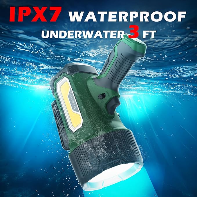 FORTO Rechargeable Spotlight Flashlight with 2000 Lumens, Handheld Spotlight with Foldable Stand, 6 Light Modes IPX7 Waterproof LED Spot Lights Outdoor for Boating Hunting Hiking(Dark Green)