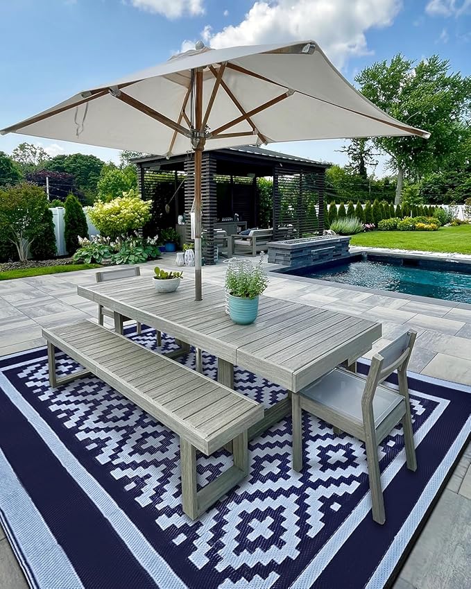 Kohree RV Outdoor Rug 9x12 Reversible, Waterproof Patio Mat with 4 Stakes & UV Fade Resistant, Non-Slip Outdoor Camping Mat for Deck, Picnic, Backyard, Includes Carry Bag (Blue)