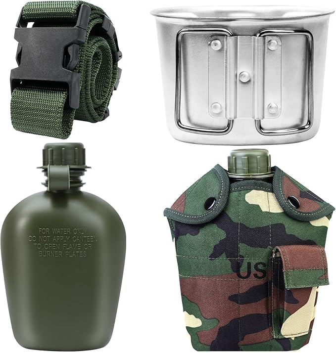 1 Quart Canteen Kit Portable Canteen Hydration Canteens Water Bottle with Reinforced Nylon Bottle Pouch Cover Bag,Aluminum Cup and Waist Belt for Backpacking Hiking Camping Climbing Outdoor Activities