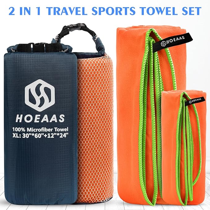 HOEAAS 2 Pack Microfiber Camping Towels, Quick Dry Towel, Super Absorbent Ultra Compact Travel Towel Soft Lightweight Sports Towel for Sweat Fast Drying Towels for Pool,Gym,Hiking,Backpacking,Fitness