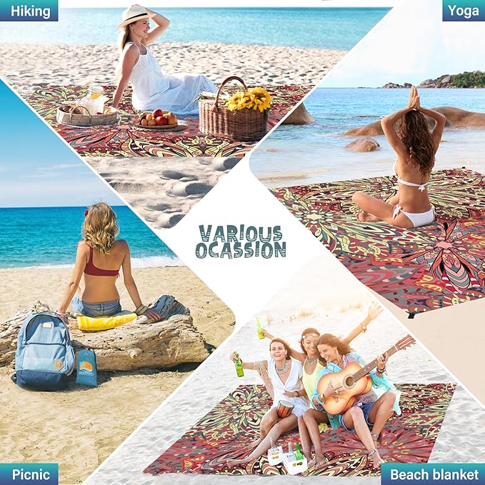 Beach Blanket Waterproof Sandproof 1-7 Adult Oversized 78 '' × 81 '' Lightweight Durable Compact Sand Free Beach Mat for Travel Camping Hiking Picnic Blanket Extra Large