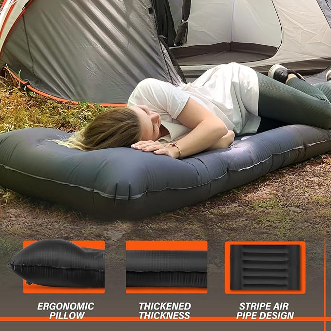 TOBTOS Self Inflating Camping Sleeping Pad with Pillow, Thick 6 Inch Ultralight Sleeping Pad with Built-in Pump, Lightweight Sleeping Mat for Camping, Backpacking, Hiking, Tent (Brown)