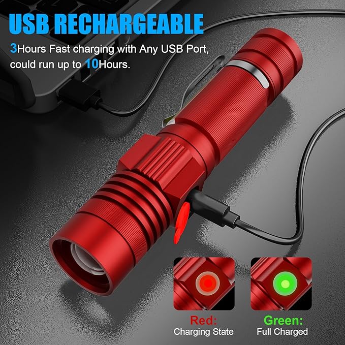 Flashlight USB Rechargeable, Magnetic LED Flashlight, Super Bright LED Tactical Flashlight with Cob Sidelight, 2000LM, Waterproof, Zoomable Best Small LED Flashlight for Camping, Emergency -Red