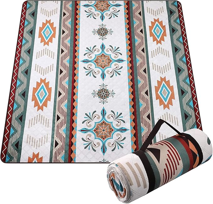EXELNT Extra Large Outdoor Picnic Blankets Waterproof, for The Beach, Camping Travelling on The Grass, Park Blanket, Rolling Up Packaging,Portable Carring, 79" x 79" Picnic Mat - Aksu Style (Yellow)